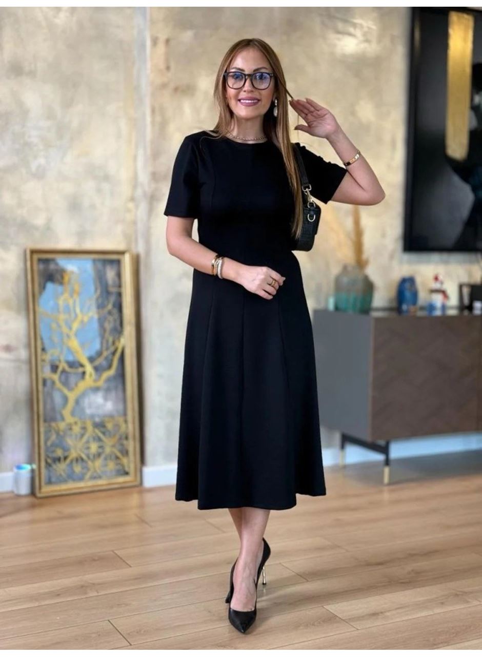 Kadın Kısa Kollu Bisiklet Yaka Midi Viskon Iki Iplik Elbise