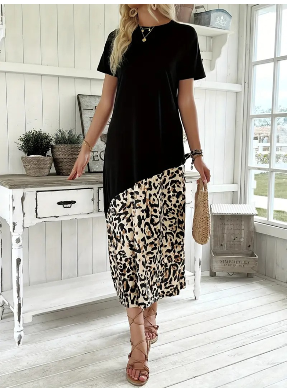 Kadın Kısa Kollu Bisiklet Yaka Leopar Detaylı Midi üst Viskon Alt Süprem Elbise
