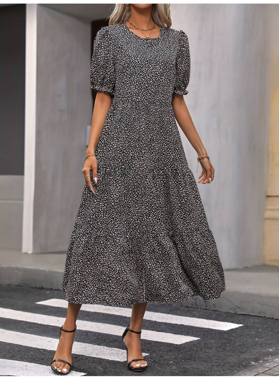 Kadın Mini Leopar Desen Midi üç Kat Elbise