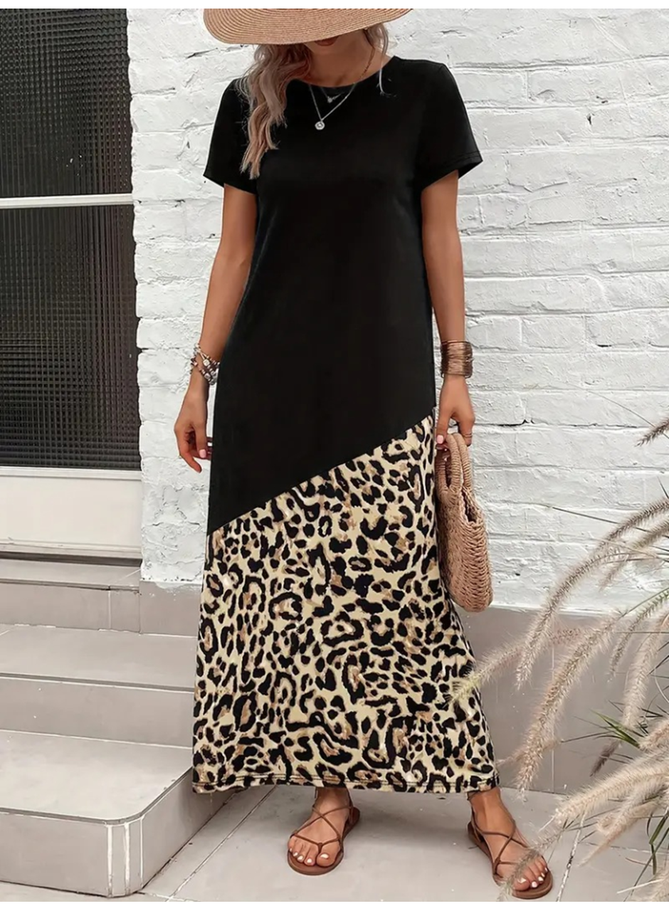 Kadın Kısa Kollu Bisiklet Yaka Leopar Detaylı Midi üst Viskon Alt Süprem Elbise