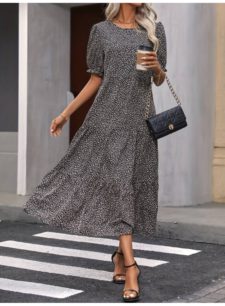 Kadın Mini Leopar Desen Midi üç Kat Elbise