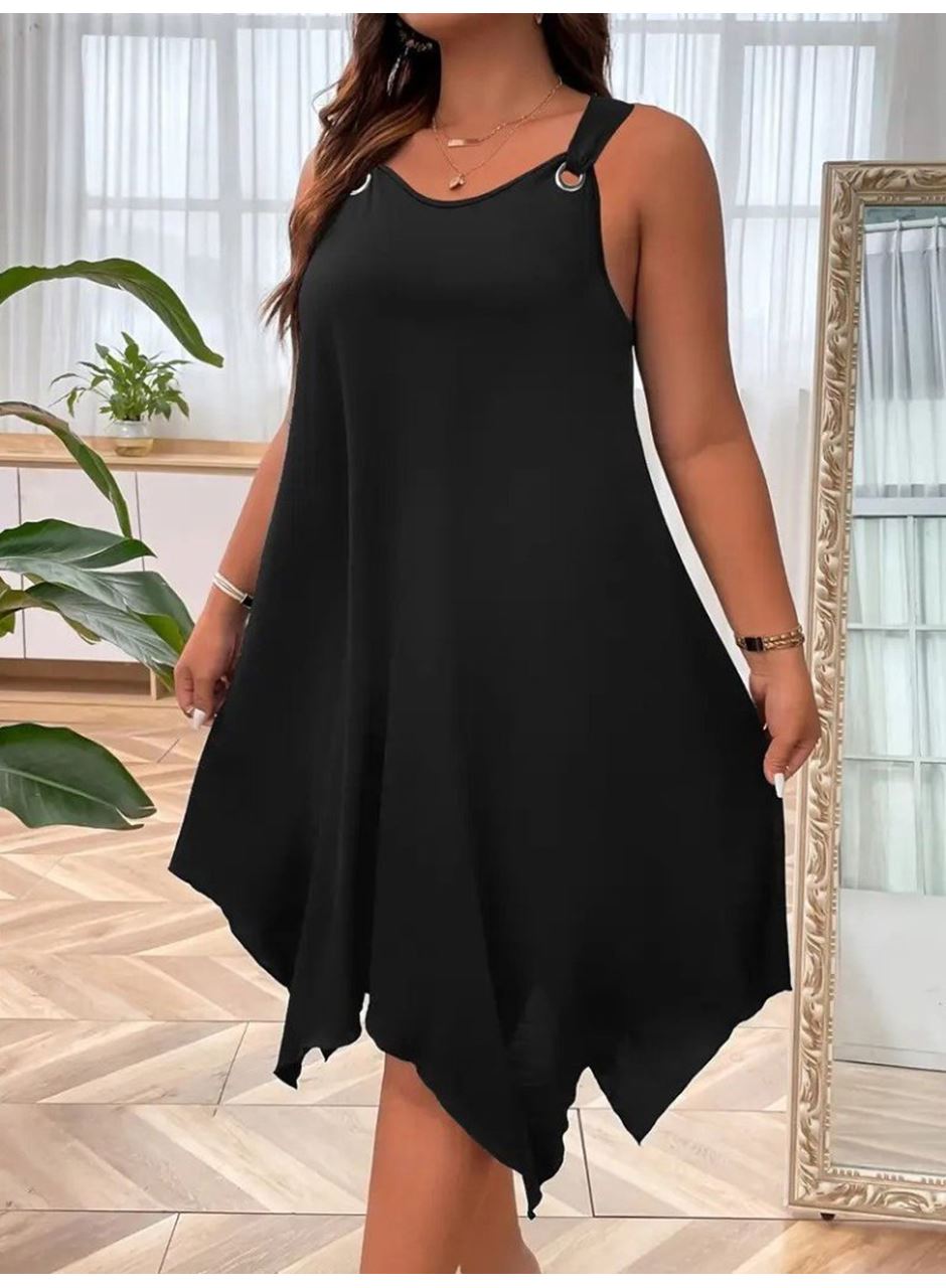 Kadın Askılı Yuvarlak Yaka Kuş Gözü Detaylı Asimetrik Viskon Elbise