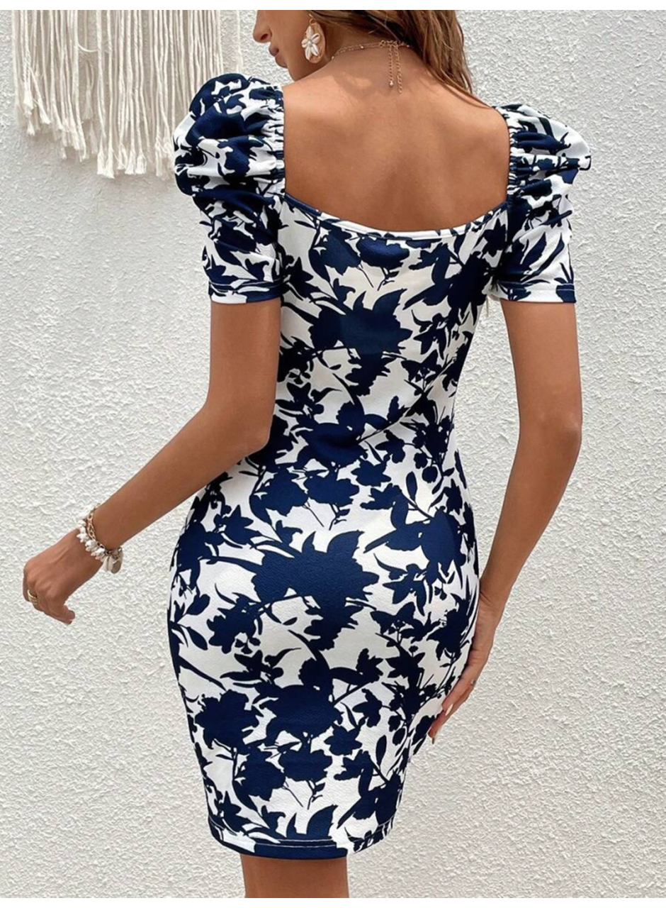 Kadın Kısa Kollu Kruvaze Yakalı çiçek Baskılı Süprem Elbise