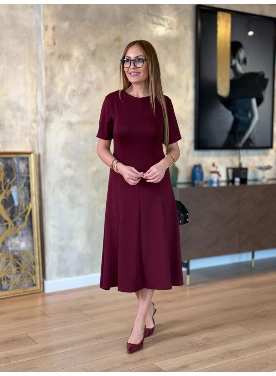 Kadın Kısa Kollu Bisiklet Yaka Midi Viskon Iki Iplik Elbise