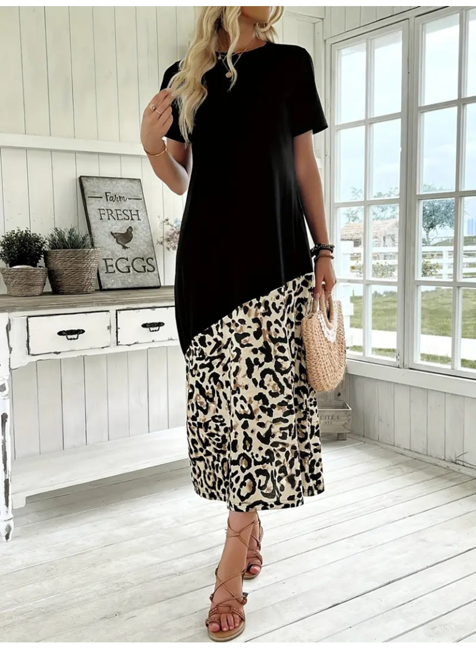 Kadın Kısa Kollu Bisiklet Yaka Leopar Detaylı Midi üst Viskon Alt Süprem Elbise