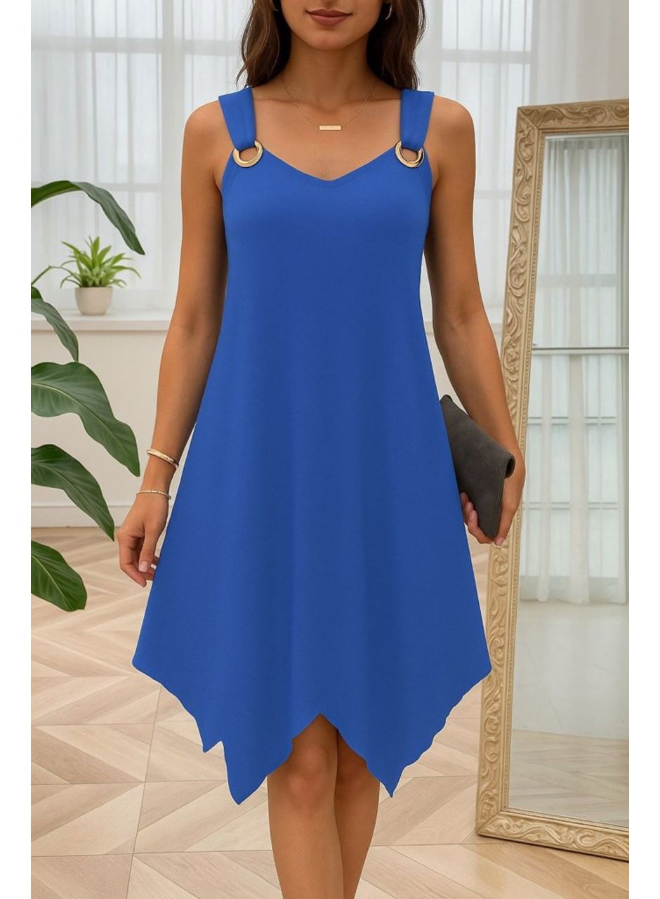 Kadın Askılı Yuvarlak Yaka Kuş Gözü Detaylı Asimetrik Viskon Elbise