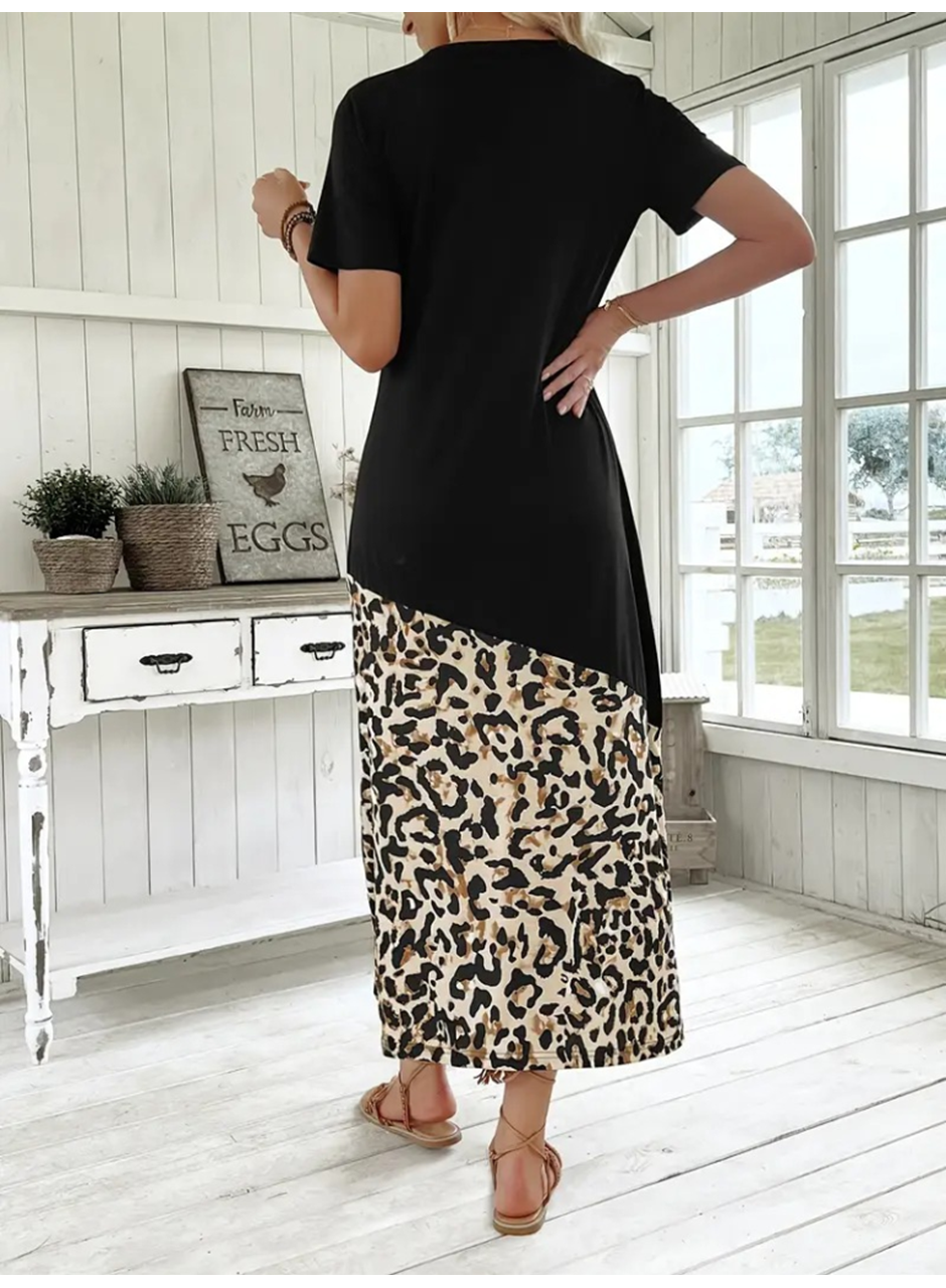 Kadın Kısa Kollu Bisiklet Yaka Leopar Detaylı Midi üst Viskon Alt Süprem Elbise