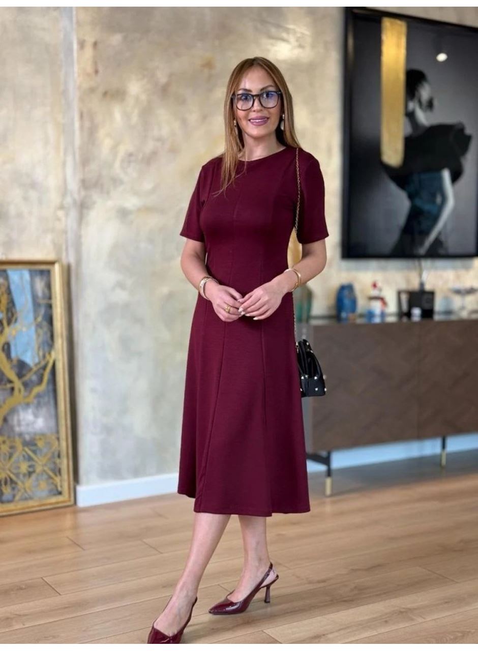 Kadın Kısa Kollu Bisiklet Yaka Midi Viskon Iki Iplik Elbise