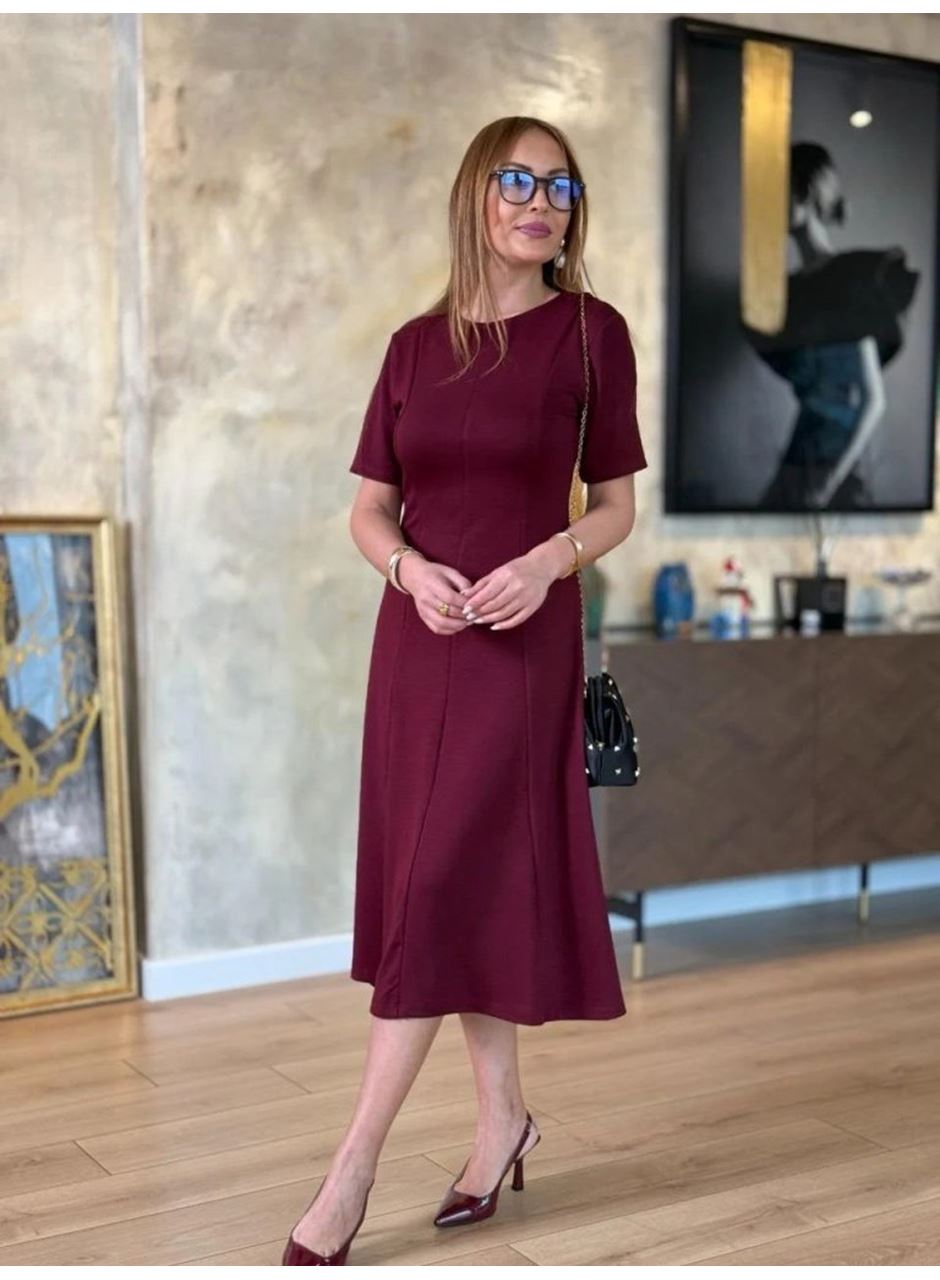 Kadın Kısa Kollu Bisiklet Yaka Midi Viskon Iki Iplik Elbise