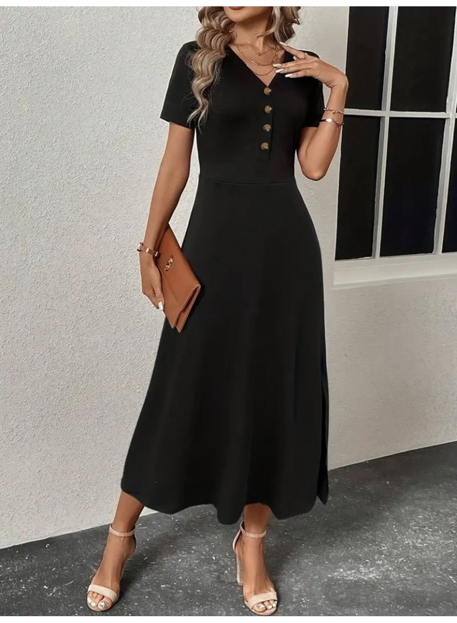 Kadın Kısa Kollu V Yakalı önden Düğmeli Yırtmaçlı Midi Viskon Elbise