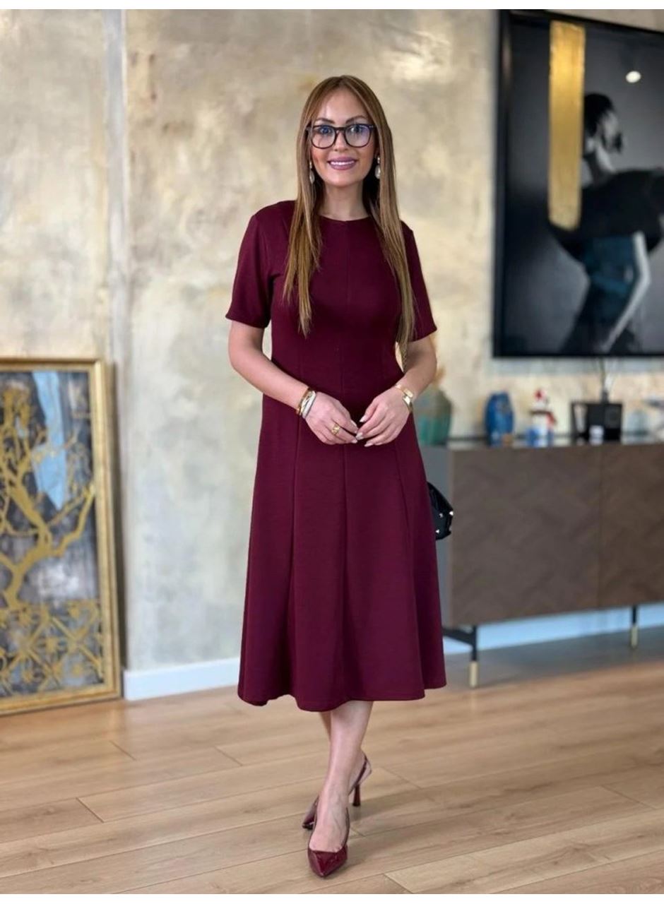 Kadın Kısa Kollu Bisiklet Yaka Midi Viskon Iki Iplik Elbise