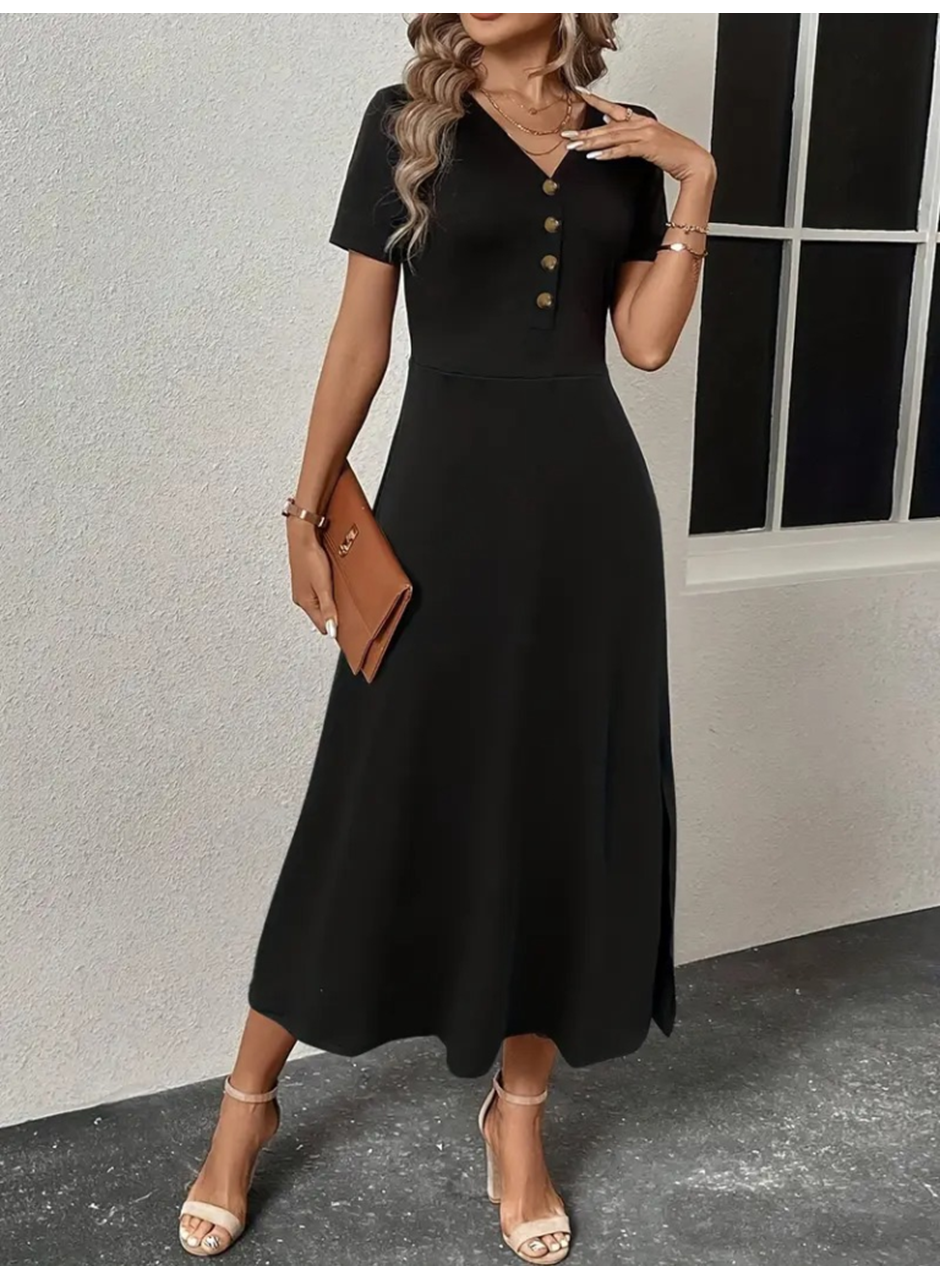 Kadın Kısa Kollu V Yakalı önden Düğmeli Yırtmaçlı Midi Viskon Elbise