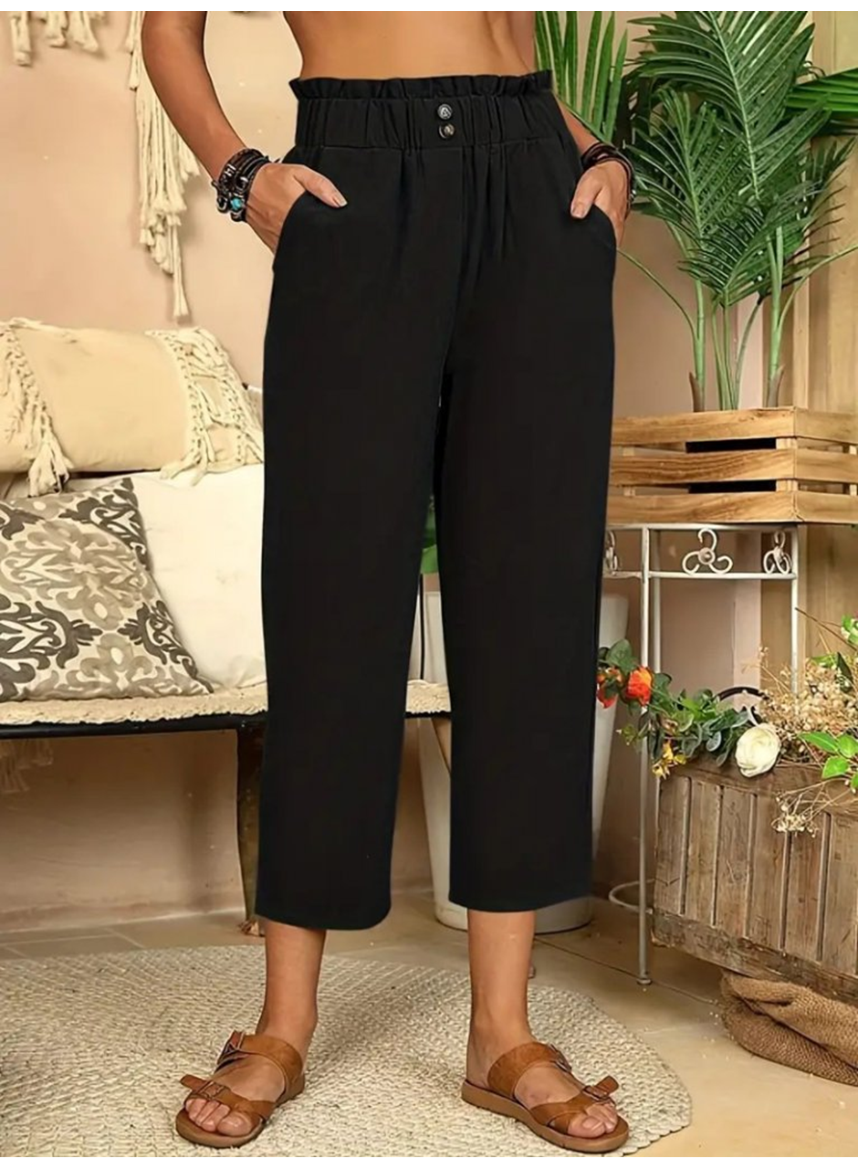 Kadın Bel Büzgü Ve Düğme Detay Kapri Keten Pantolon