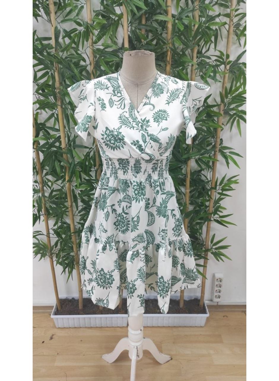 Kadın Kısa Fırfır Kollu Kruvaze Yaka çiçekli Atlas Elbise