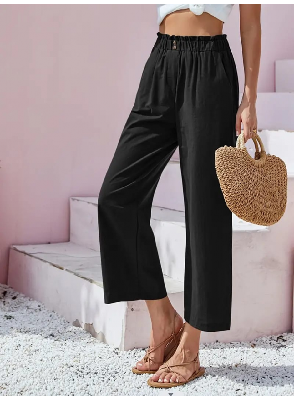 Kadın Bel Büzgü Ve Düğme Detay Kapri Keten Pantolon