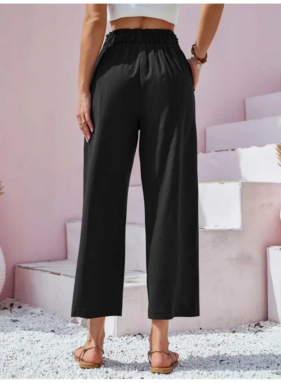 Kadın Bel Büzgü Ve Düğme Detay Kapri Keten Pantolon