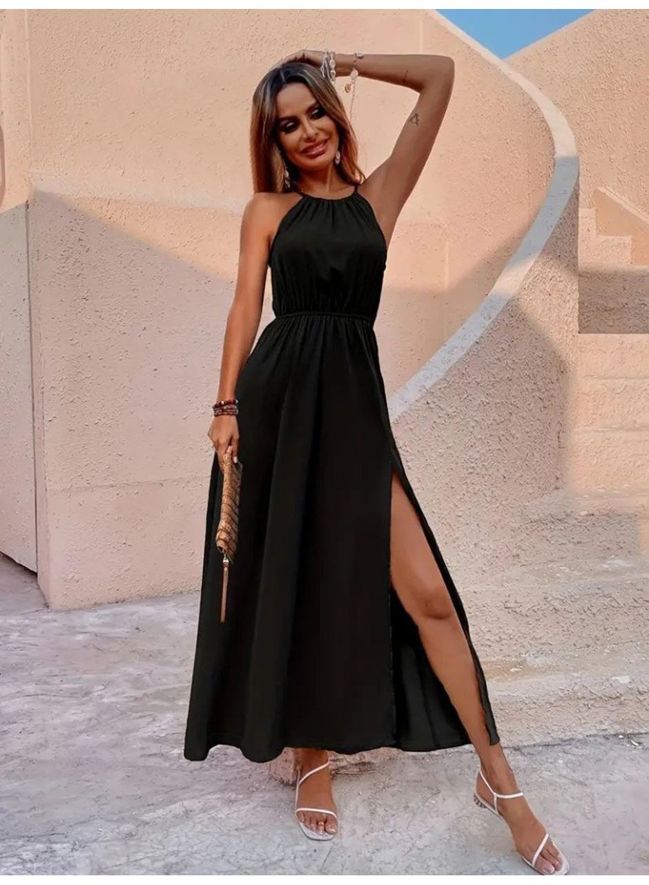 Kadın Boyundan Askılı Belden Lastikli Yandan Yırtmaç Detaylı Viskon Elbise