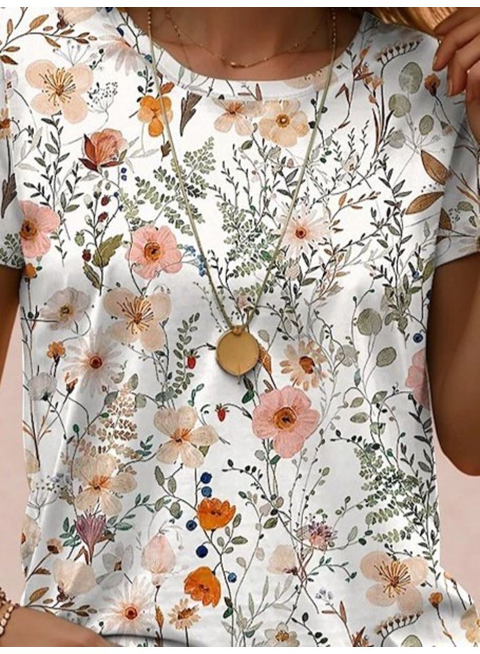 Kadın Kısa Kollu Bisiklet Yaka çiçek Desenli Viskon Bluz