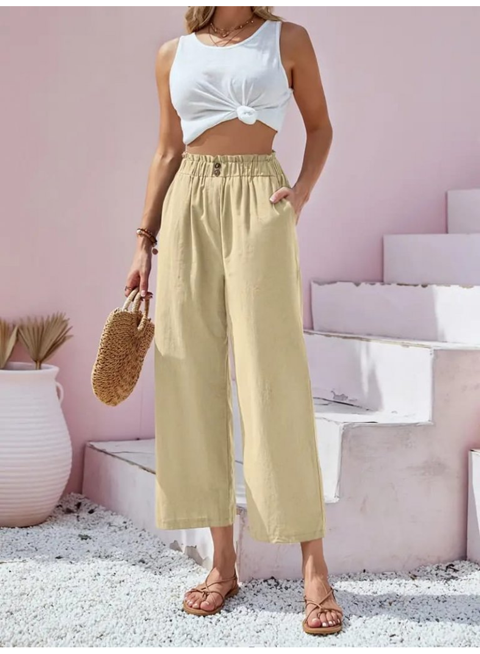 Kadın Bel Büzgü Ve Düğme Detay Kapri Keten Pantolon