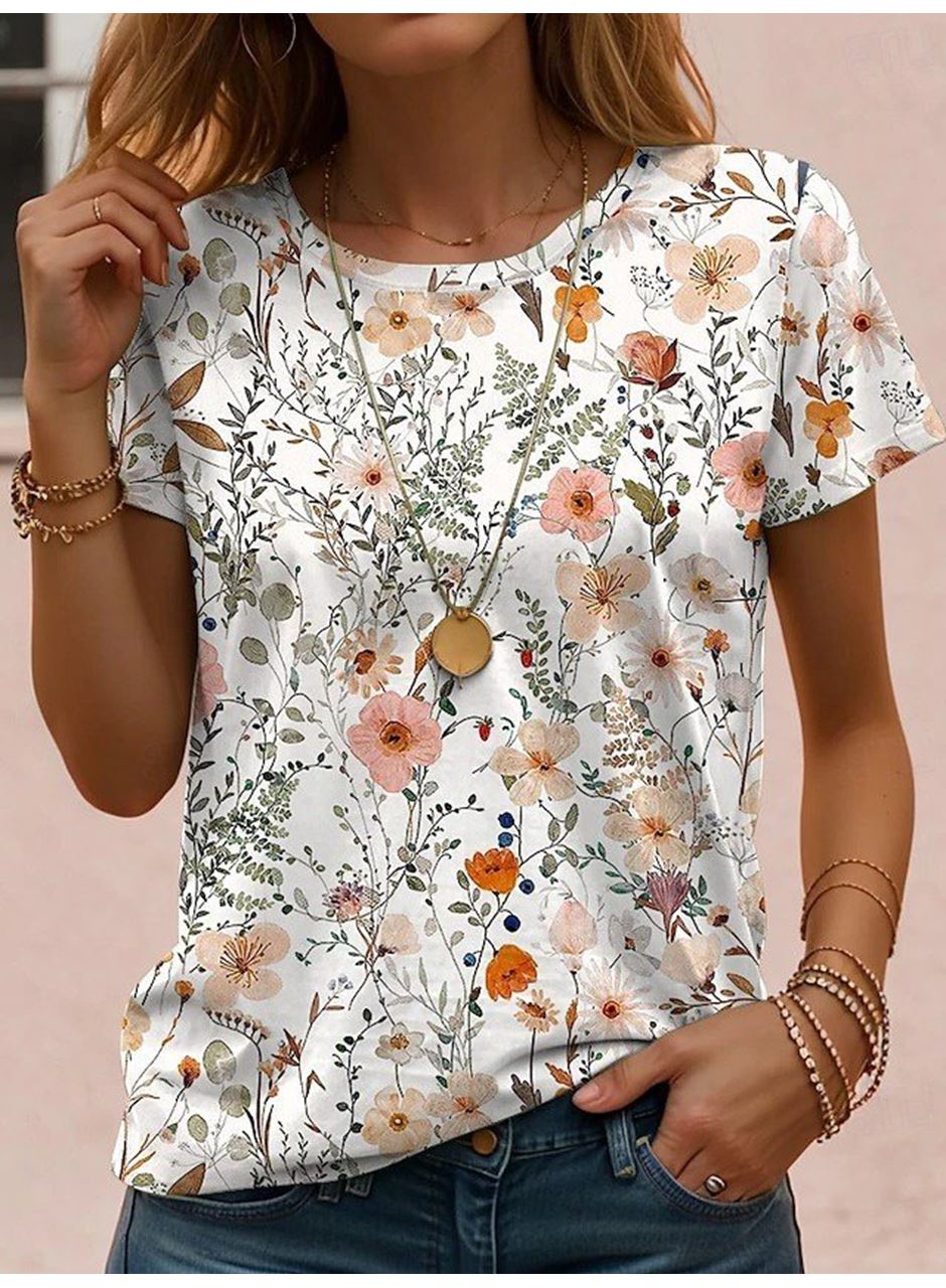 Kadın Kısa Kollu Bisiklet Yaka çiçek Desenli Viskon Bluz