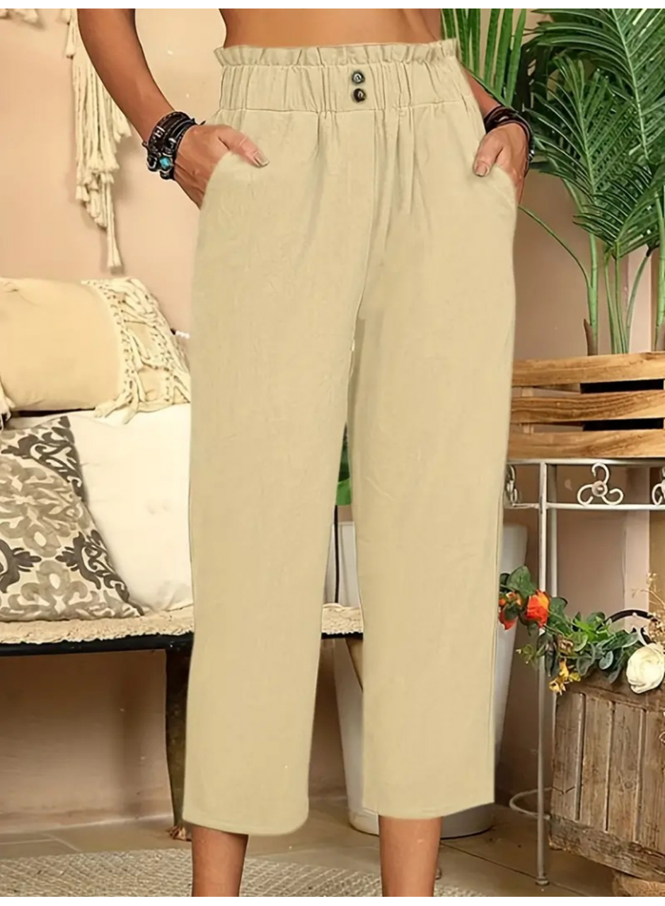 Kadın Bel Büzgü Ve Düğme Detay Kapri Keten Pantolon