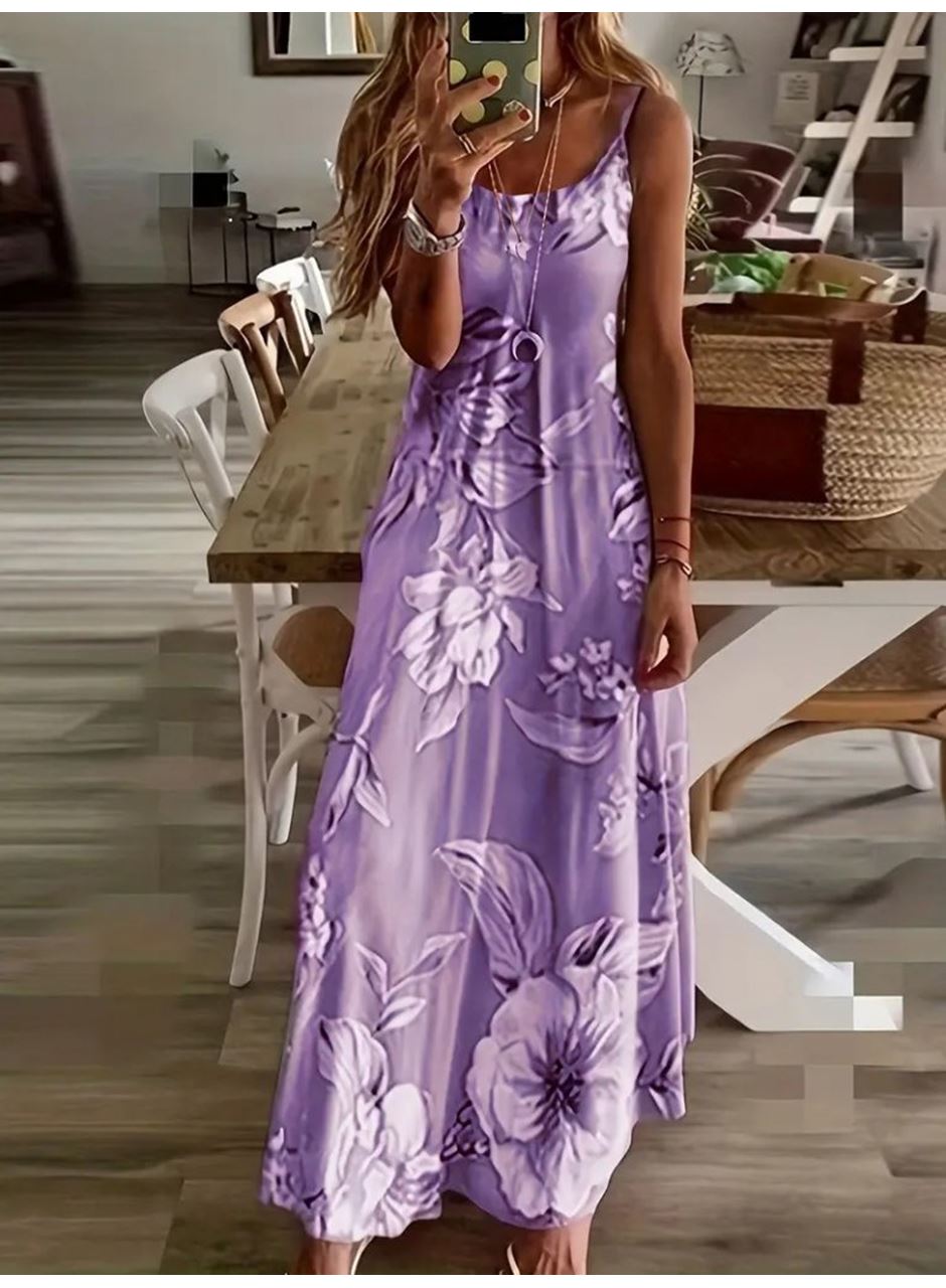 Kadın Askılı Yuvarlak Yaka Etek Geniş Kesim Desenli Süprem Elbise