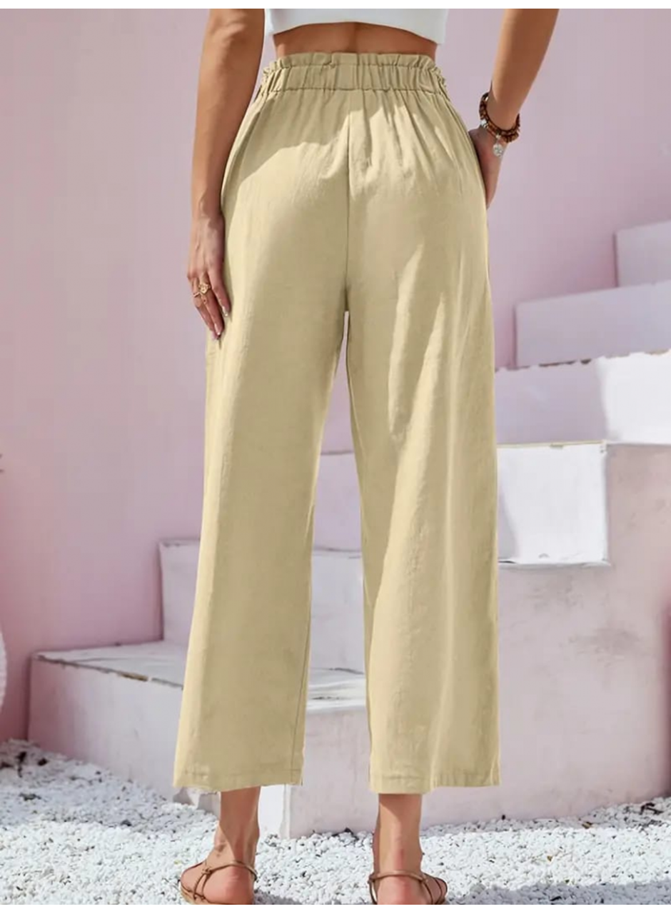 Kadın Bel Büzgü Ve Düğme Detay Kapri Keten Pantolon