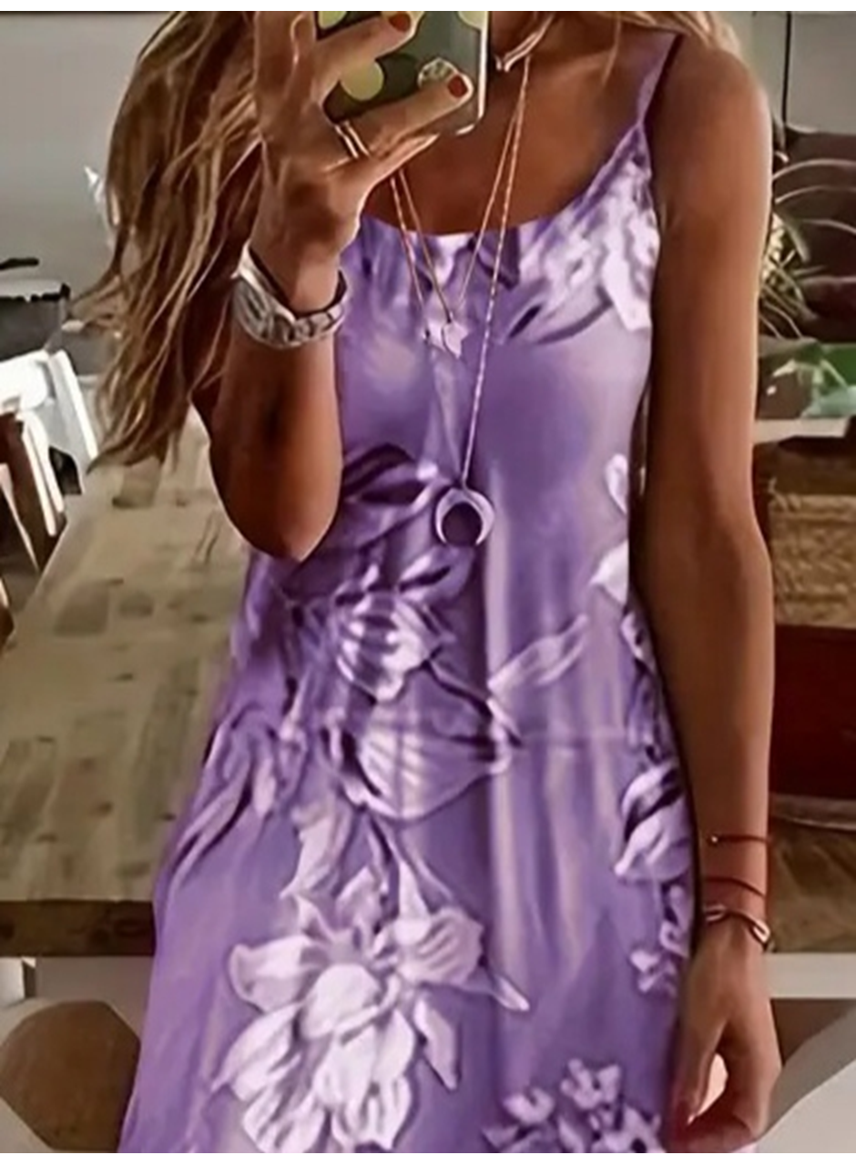 Kadın Askılı Yuvarlak Yaka Etek Geniş Kesim Desenli Süprem Elbise