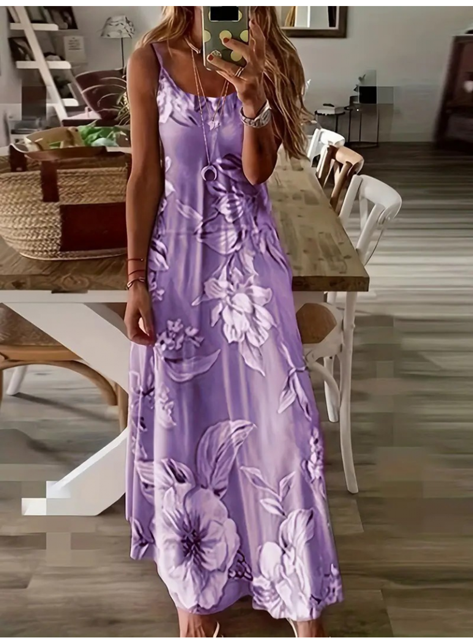 Kadın Askılı Yuvarlak Yaka Etek Geniş Kesim Desenli Süprem Elbise