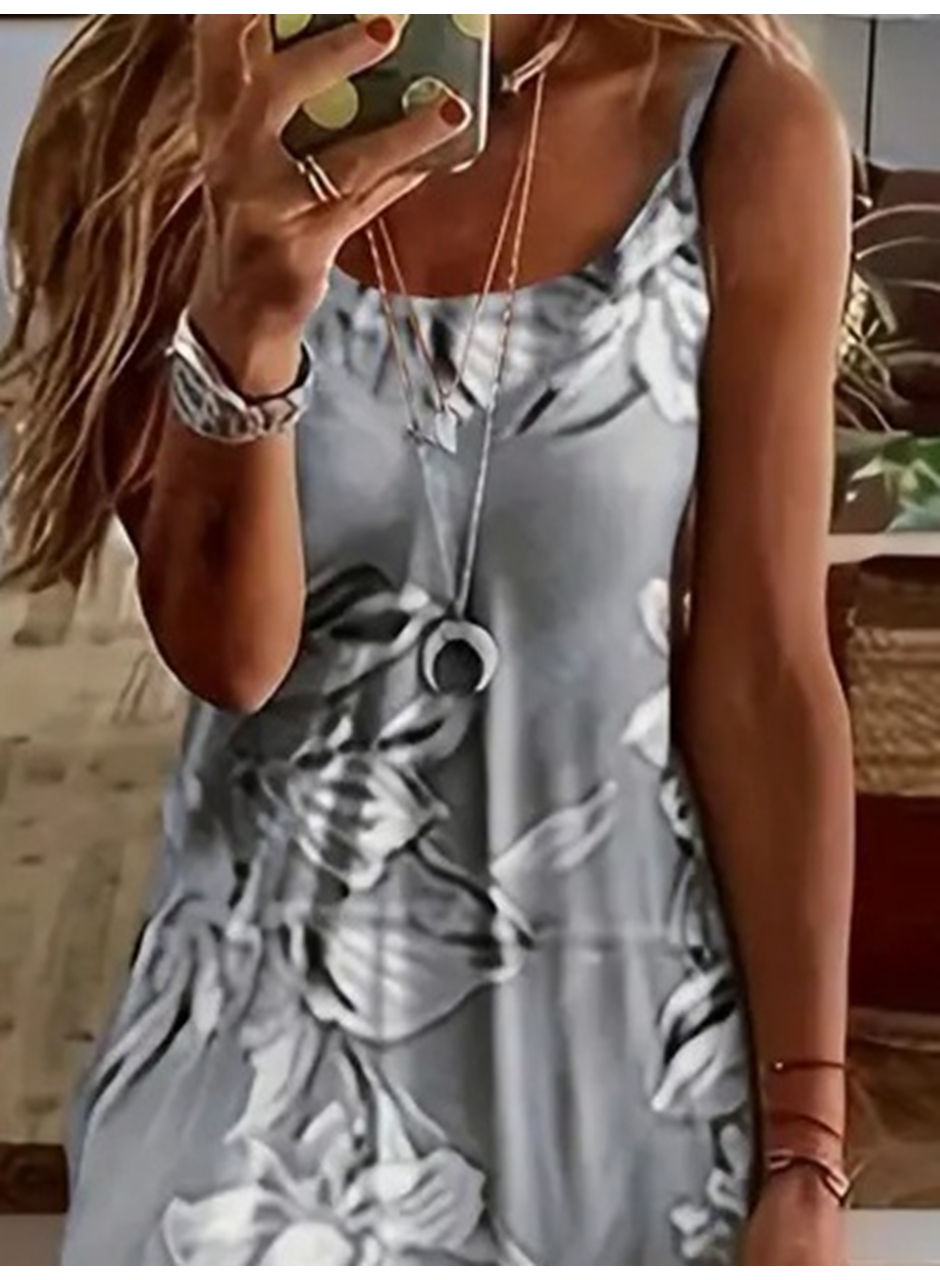 Kadın Askılı Yuvarlak Yaka Etek Geniş Kesim Desenli Süprem Elbise