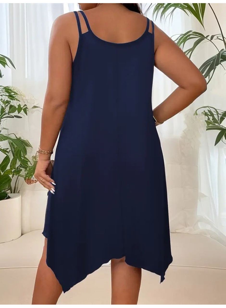 Kadın Askılı Yuvarlak Asimetrik Kesim Detaylı Viskon Elbise