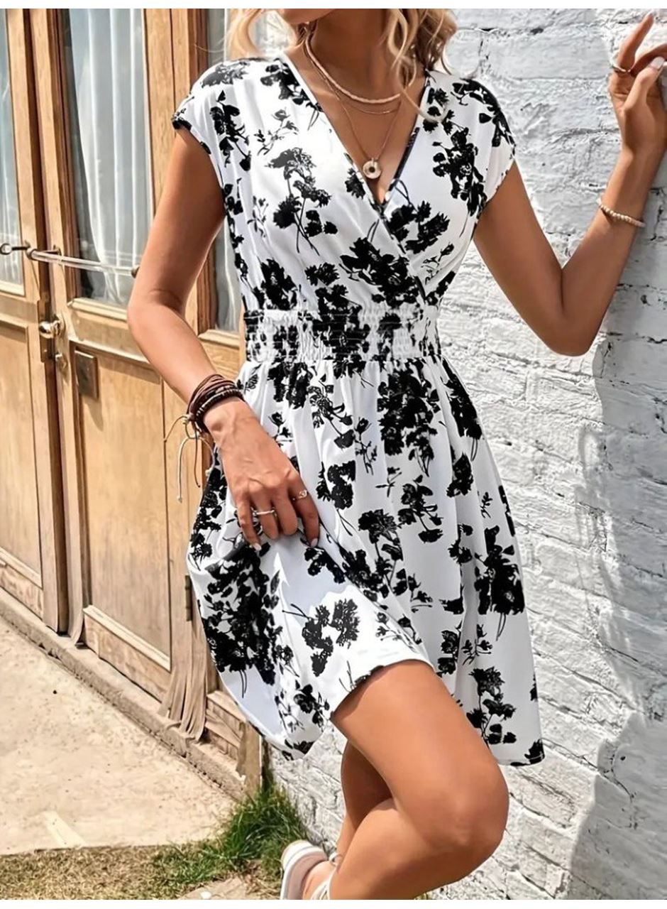 Kadın Kısa Kollu Kruvaze Yakalı çiçekli Desenli Süprem Elbise