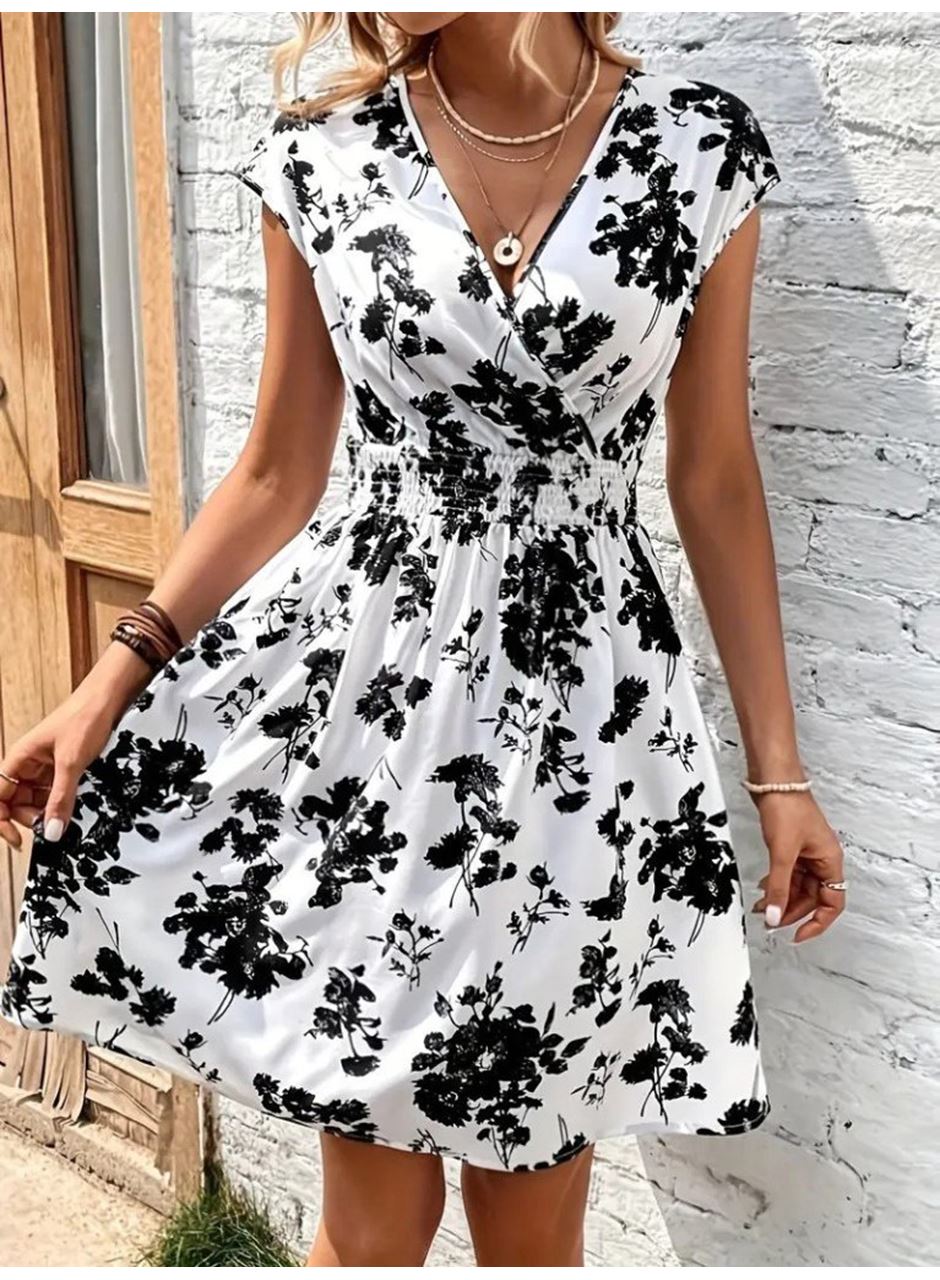 Kadın Kısa Kollu Kruvaze Yakalı çiçekli Desenli Süprem Elbise