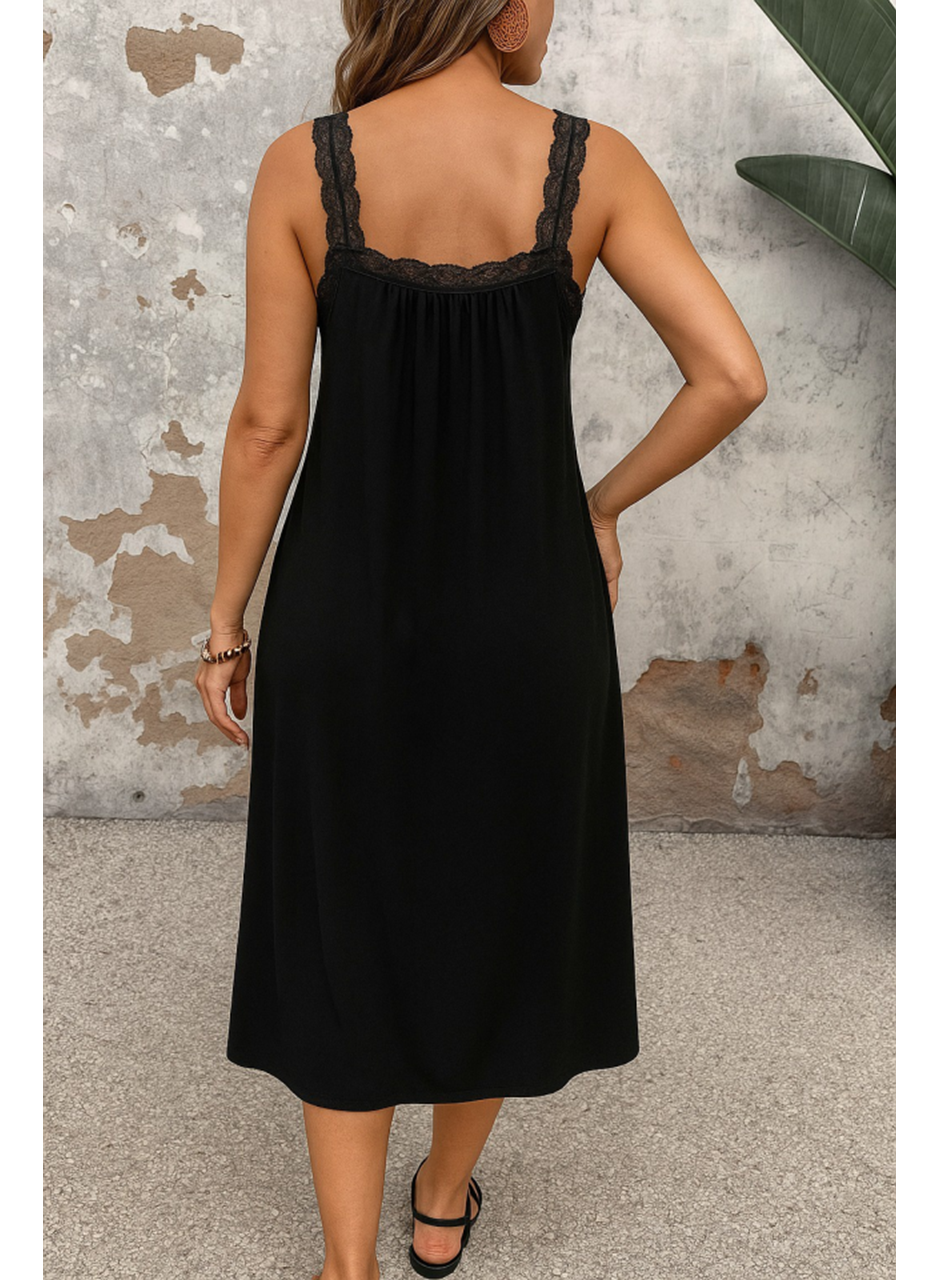 Kadın Dantel Askılı Kare Yakalı Uzun Viskon Elbise