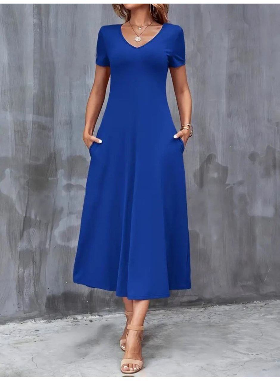 Kadın Kısa Kollu V Yakalı Cepli Viskon Elbise