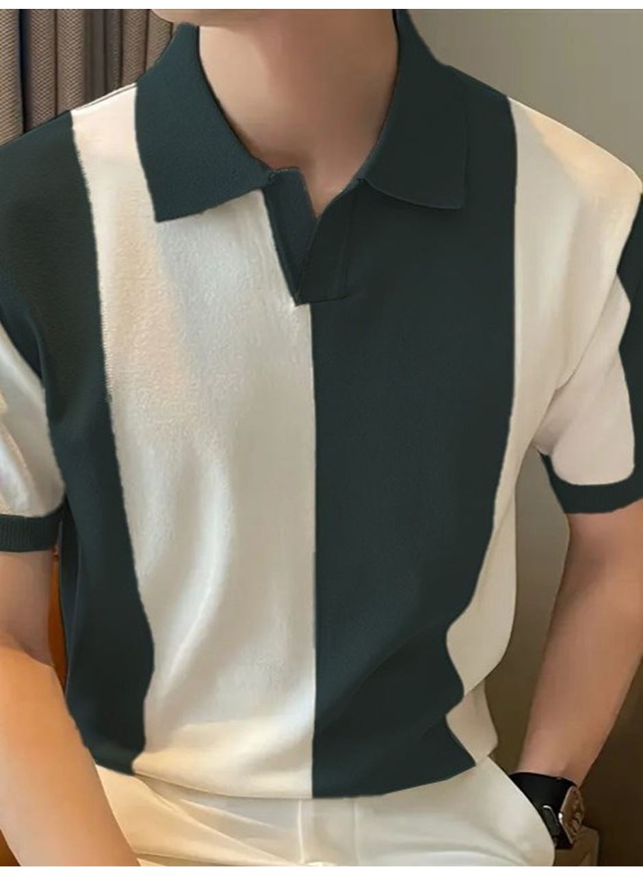 Erkek Kısa Kollu Polo Yakalı Blok Desenli Triko Tişört