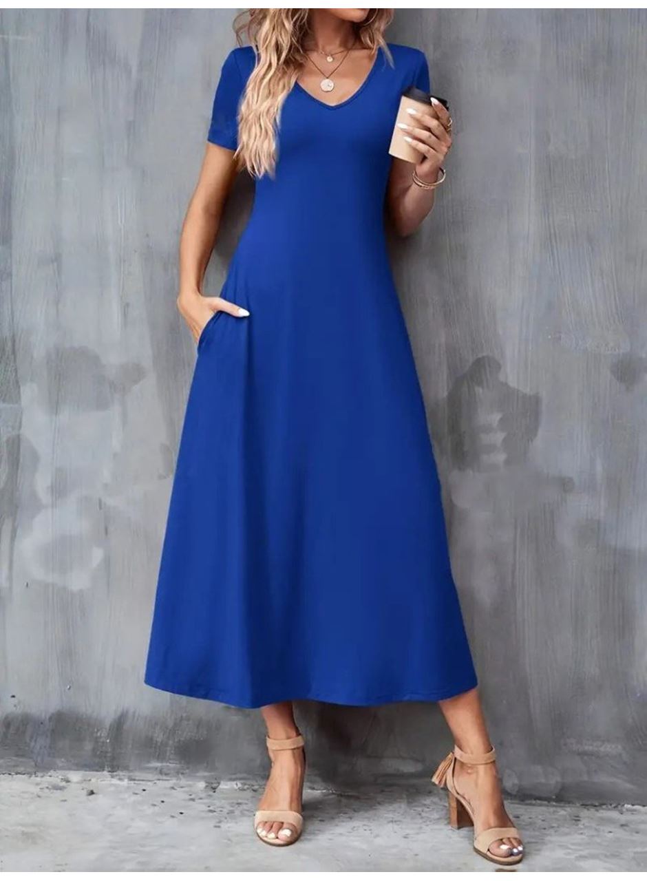 Kadın Kısa Kollu V Yakalı Cepli Viskon Elbise