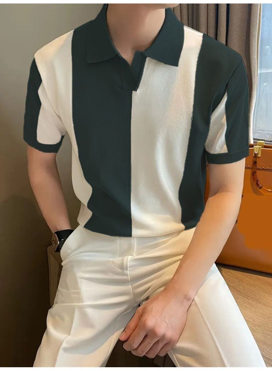 Erkek Kısa Kollu Polo Yakalı Blok Desenli Triko Tişört