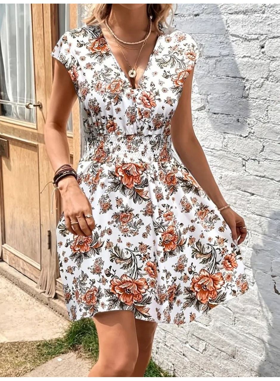Kadın Kısa Kollu Kruvaze Yakalı çiçekli Desenli Süprem Elbise