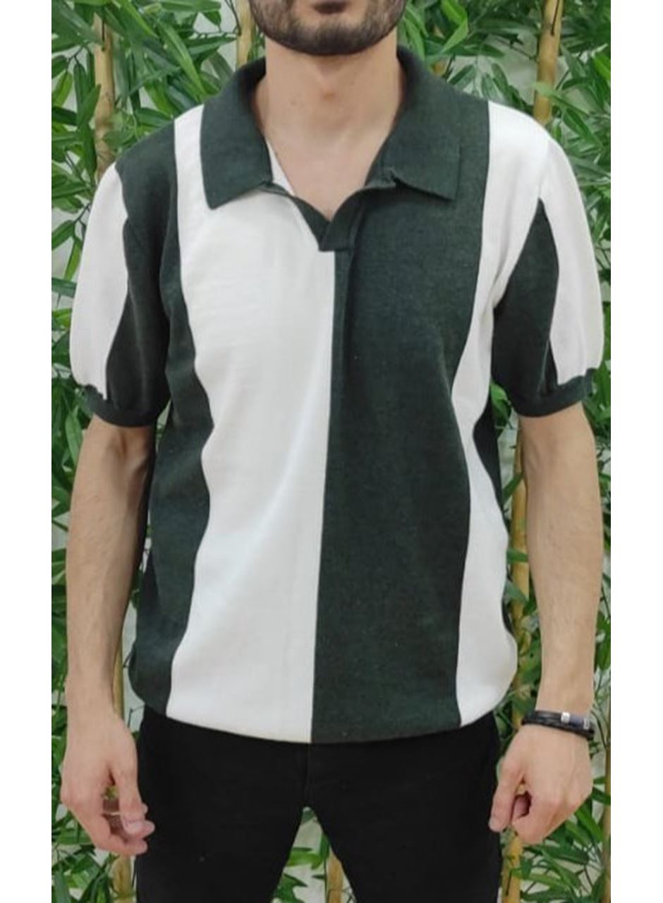Erkek Kısa Kollu Polo Yakalı Blok Desenli Triko Tişört