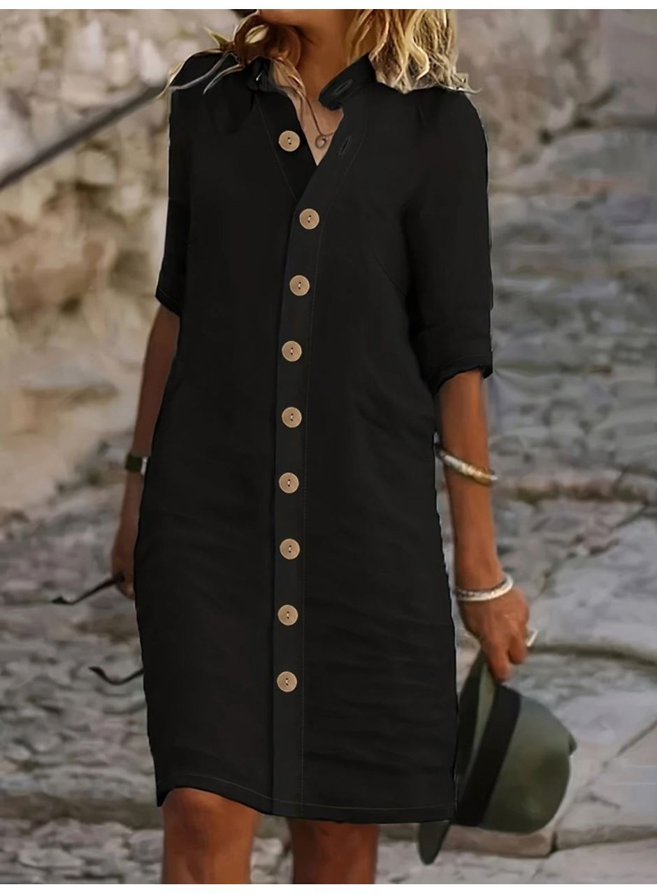 Kadın Kısa Kollu Hakim Yaka önden Düğmeli Kısa Müslim Elbise