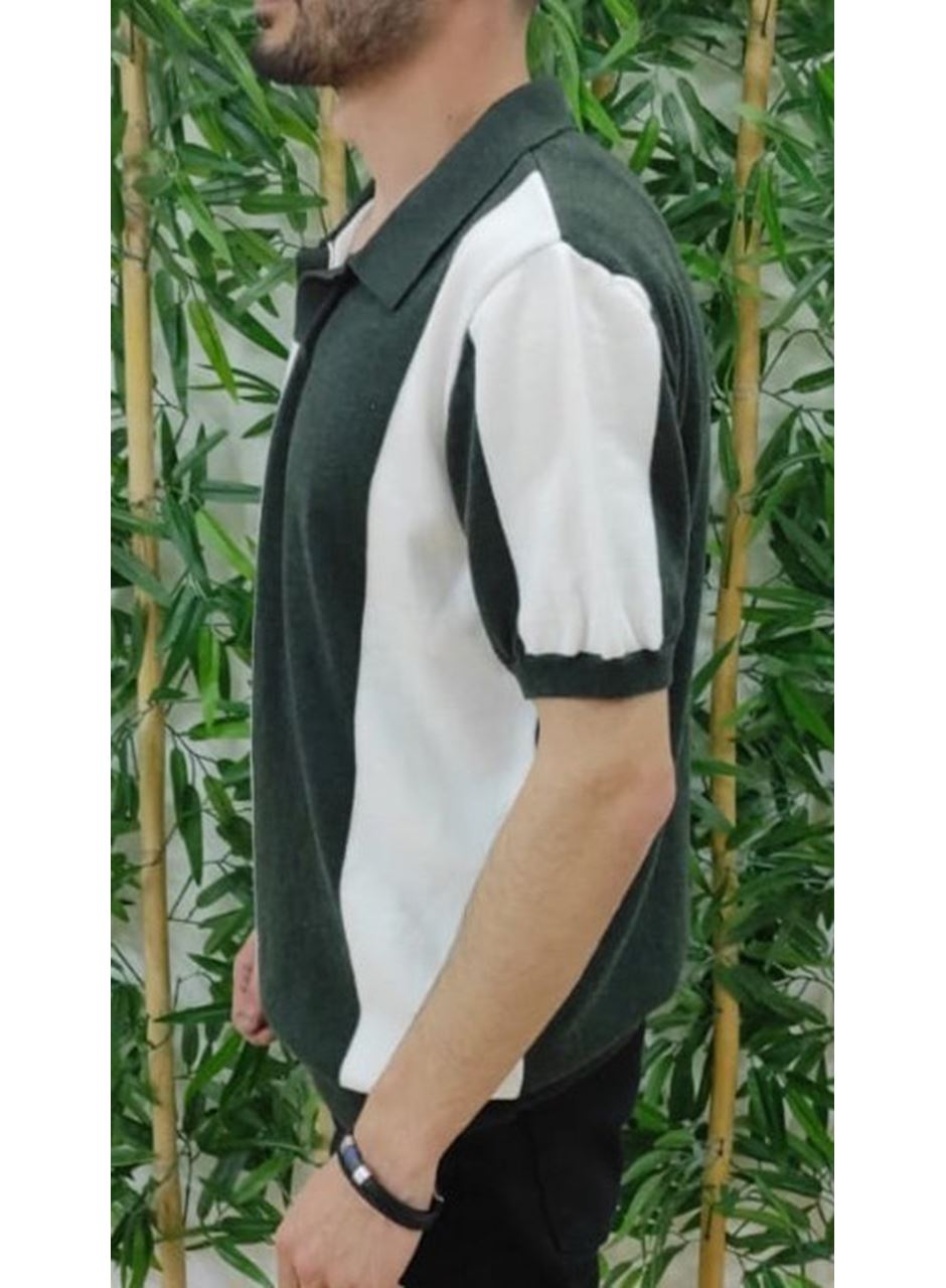 Erkek Kısa Kollu Polo Yakalı Blok Desenli Triko Tişört