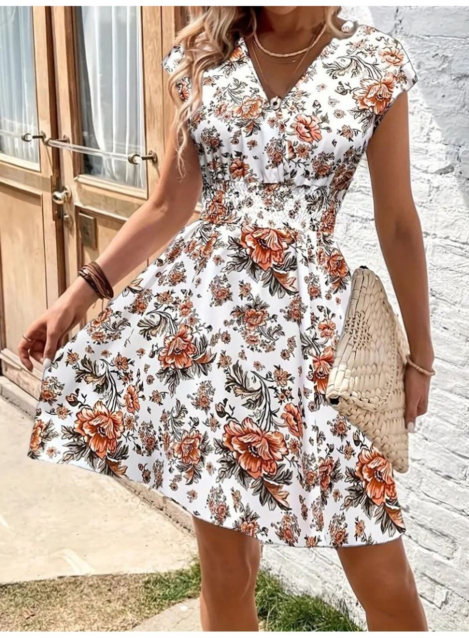 Kadın Kısa Kollu Kruvaze Yakalı çiçekli Desenli Süprem Elbise