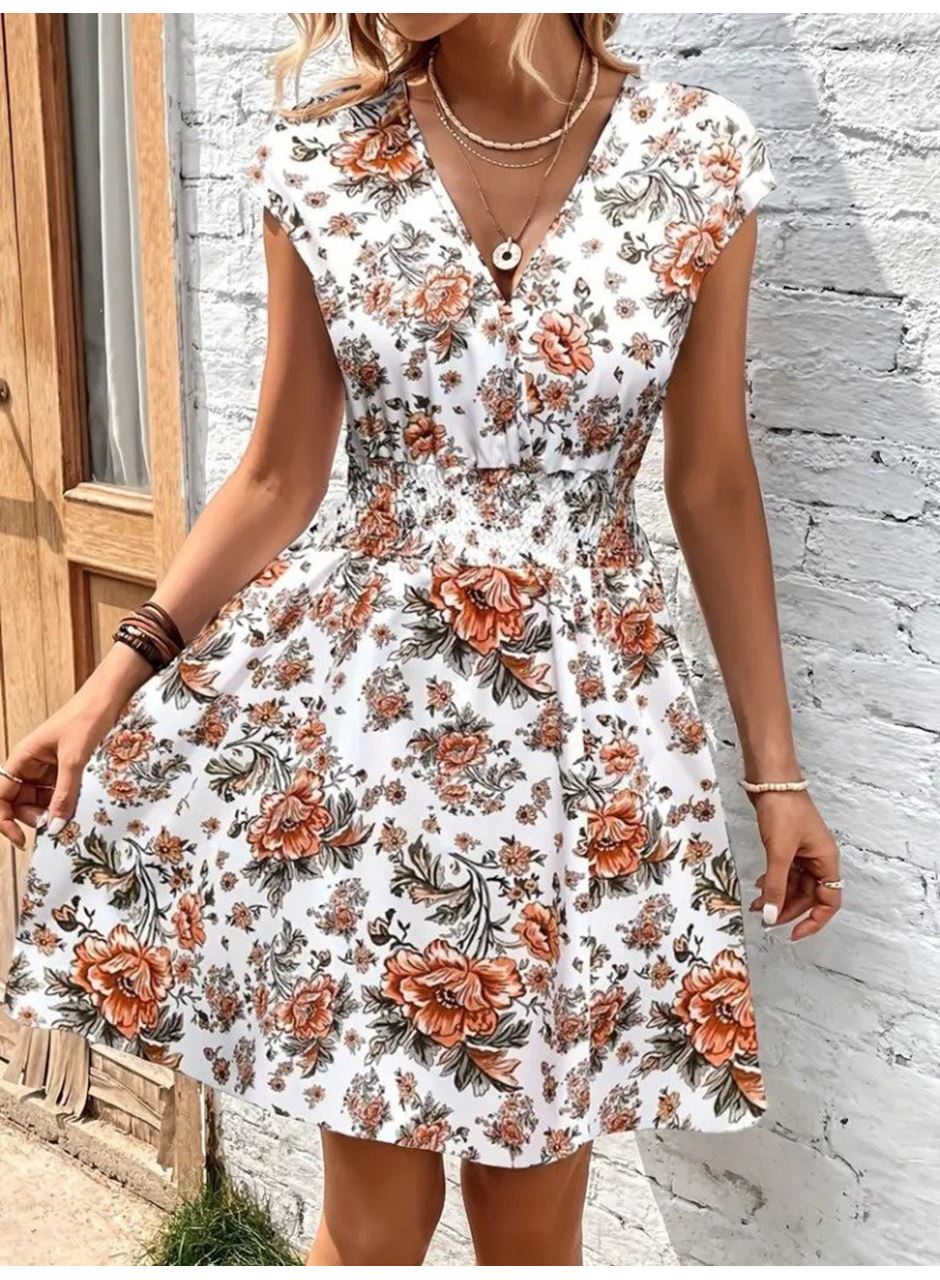 Kadın Kısa Kollu Kruvaze Yakalı çiçekli Desenli Süprem Elbise