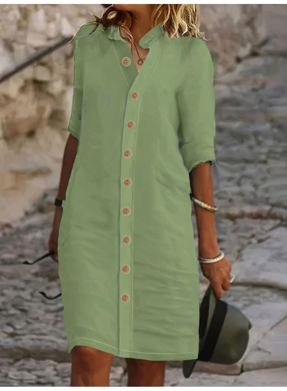 Kadın Kısa Kollu Hakim Yaka önden Düğmeli Kısa Müslim Elbise