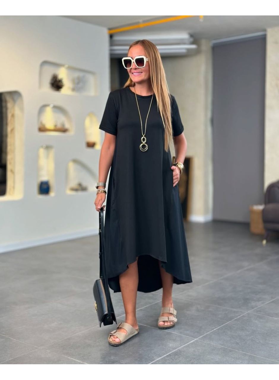 Kadın Kısa Kollu Bisiklet Yaka Asimetrik Kesim ön Viskon Arkası Trikoton Elbise