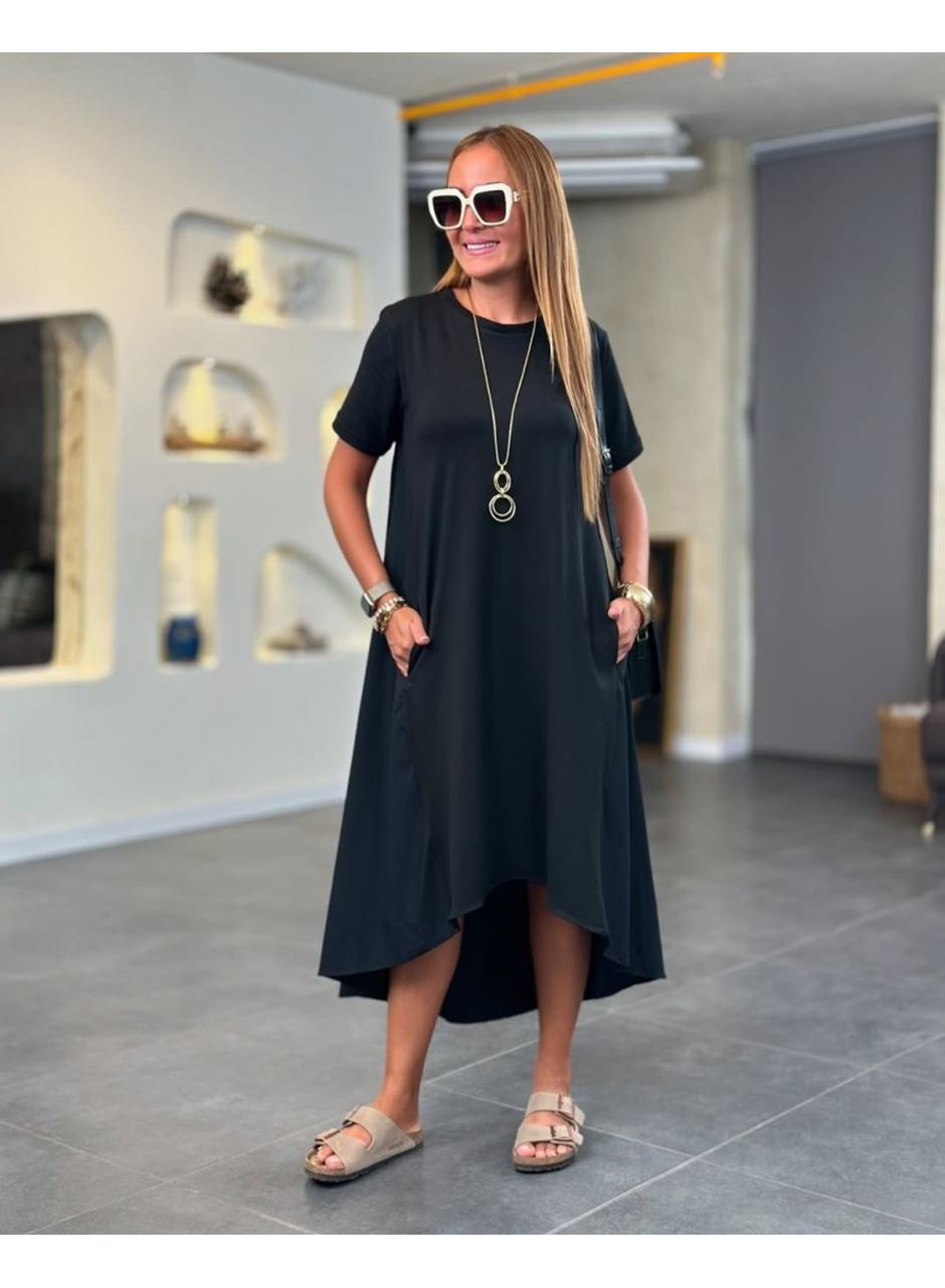 Kadın Kısa Kollu Bisiklet Yaka Asimetrik Kesim ön Viskon Arkası Trikoton Elbise