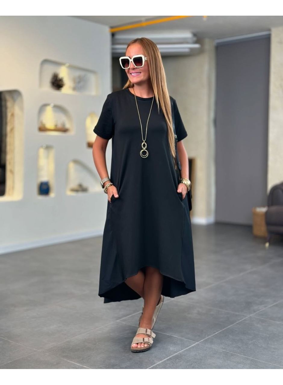 Kadın Kısa Kollu Bisiklet Yaka Asimetrik Kesim ön Viskon Arkası Trikoton Elbise