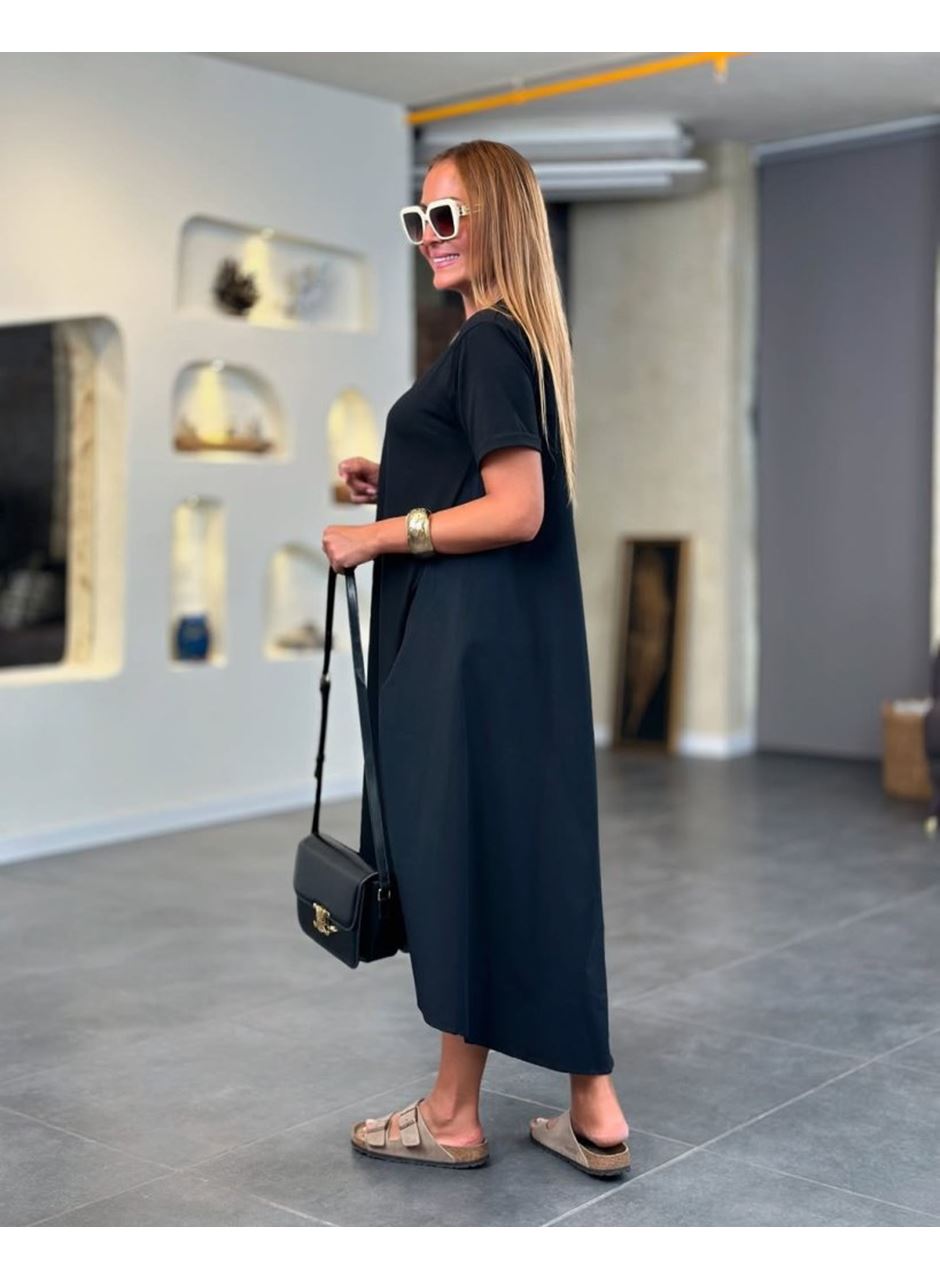 Kadın Kısa Kollu Bisiklet Yaka Asimetrik Kesim ön Viskon Arkası Trikoton Elbise