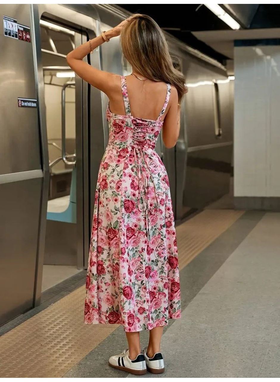 Kadın Askılı Geniş V Yakalı Sırttan Bağlamalı Yırtmaçlı Süprem Elbise